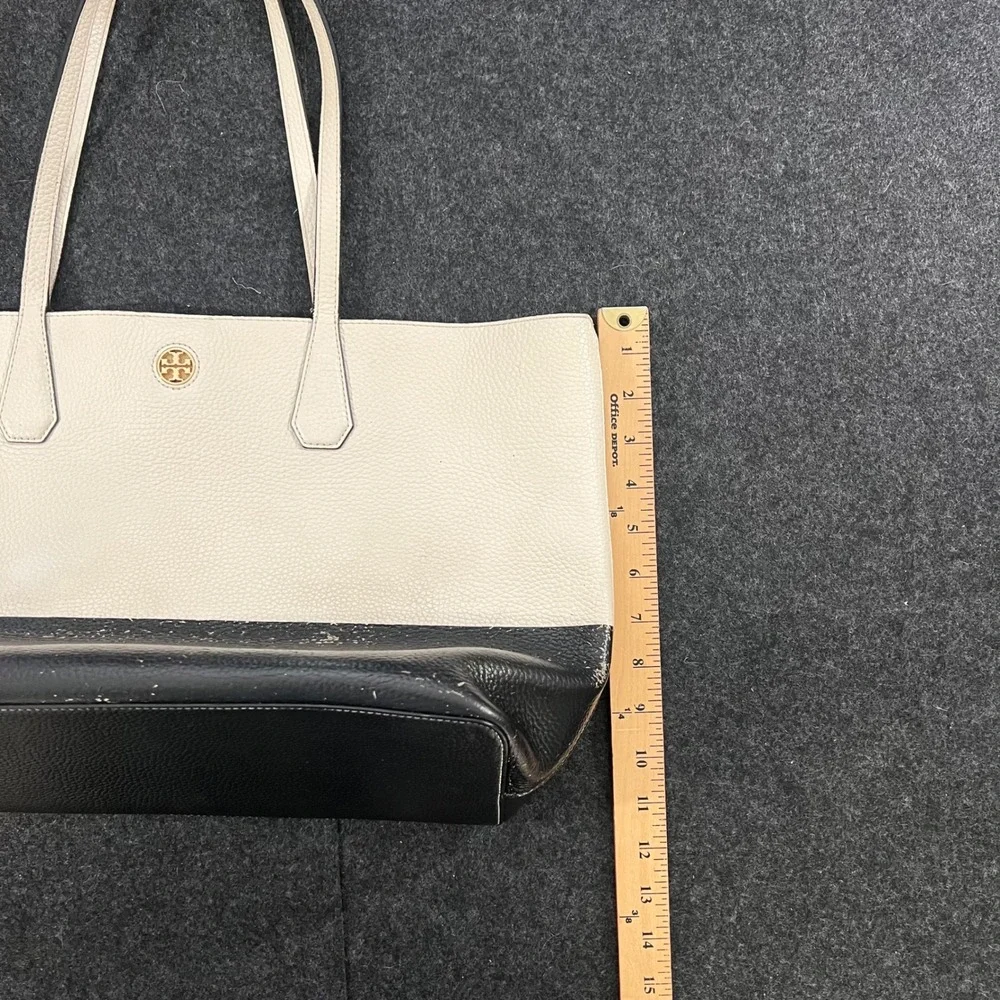 Tory Burch Perry Tote Womens Large White Black Leather Shoulder Bag Handbag